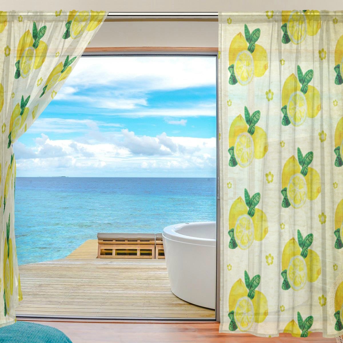 カーテン レースカーテン 4枚組 レモン柄 グリーン 100×230 遮光 カーテン 4枚セットと2枚セット 遮光1級or遮光2級カーテン＋